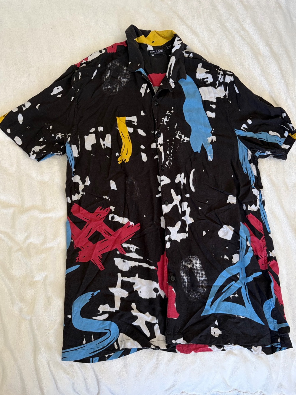 Brave Soul Black Button-Up Shirt with Blue, Red & Yellow Accents
